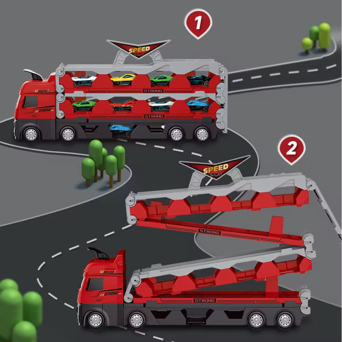 Jucarie Set Camion Trailer pentru Transport Masinute de curse, Tir cu 6 Masini Incluse pentru Copii de 3,4,5,6 ani, Catapultare Vehicule, Platforma si Pista de curse, Prelungire 2.0m