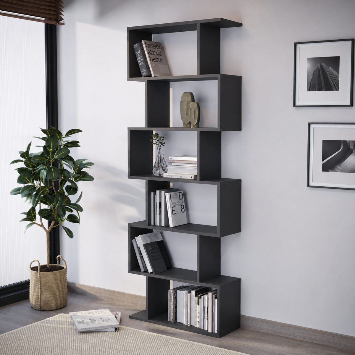 Biblioteca zig-zag din PAL 80x25x190,2 cm, cu 6 rafturi, pentru carti si decoratiuni