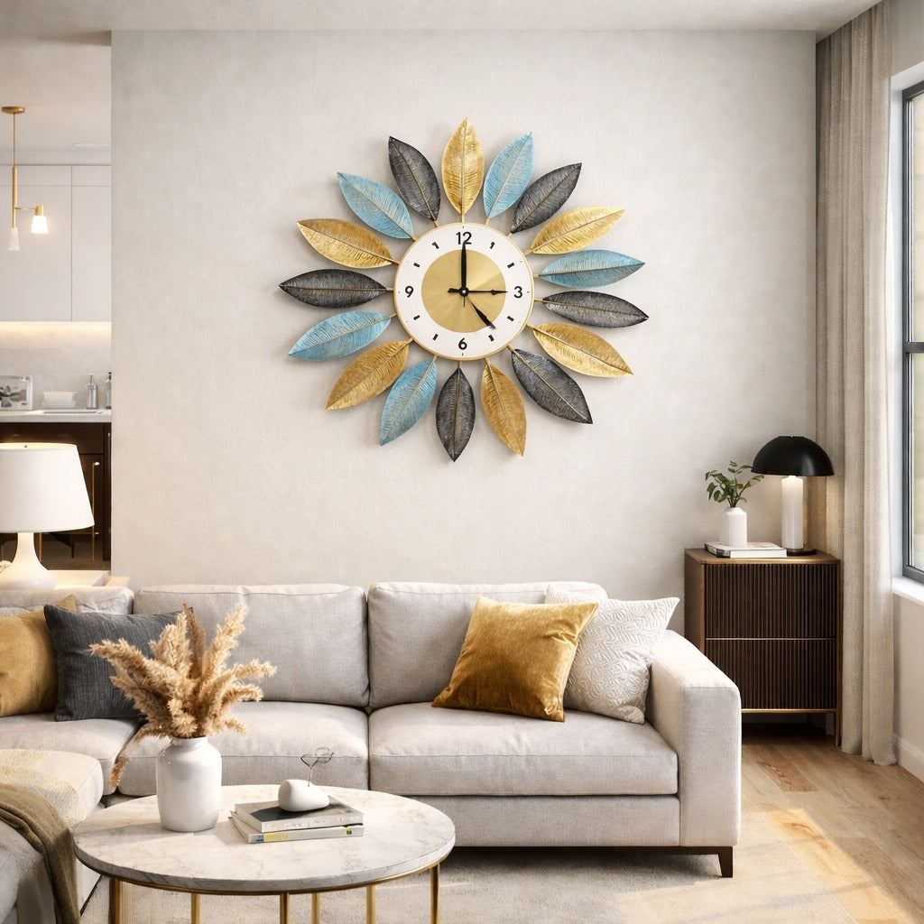 Ceas decorativ de perete cu frunze metalice 45 cm, Mecanism Silentios, Multicolor