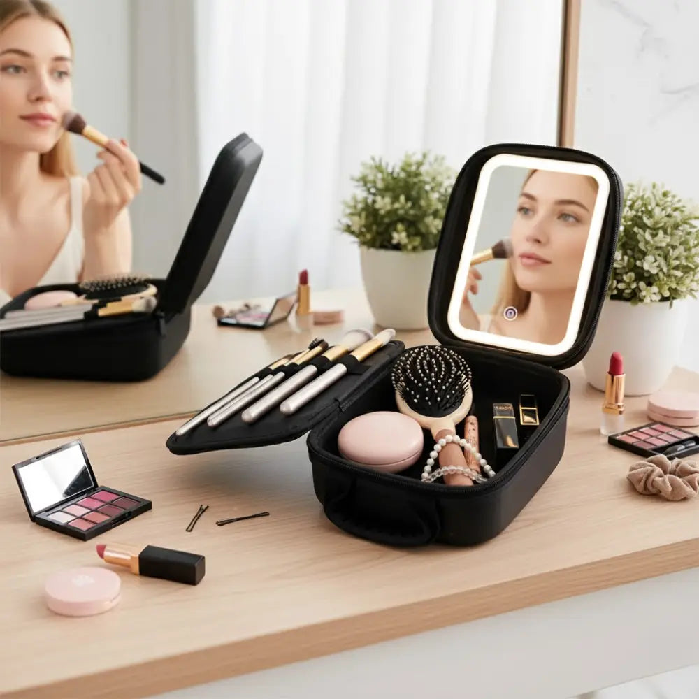 Geanta cosmetica cu oglinda LED, compacta pentru calatorii, 23x13x8 cm,