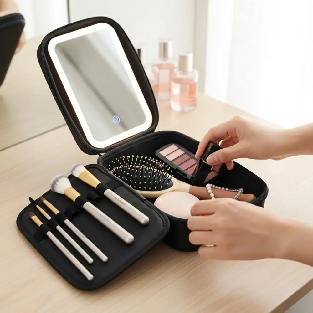 Geanta cosmetica cu oglinda LED, compacta pentru calatorii, 23x13x8 cm,