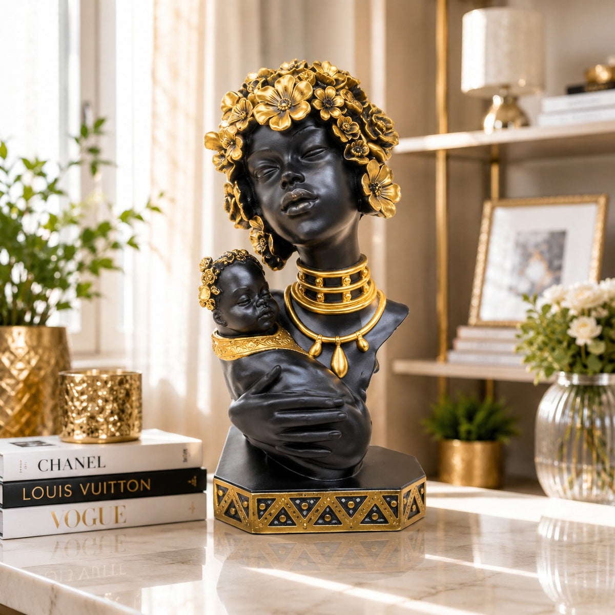 Statuetă Decorativă Premium în Stil African – 3 Variante, Design Negru-Auriu cu Detalii Florale 35cm - detaliu produs
