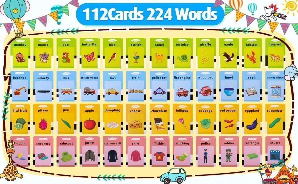 Jucarie educativa Montessori, Set masina de invatare limba engleza cu cititor de carduri, 112 bucati carduri flash 224 de cuvinte, 2 ani+, Roz