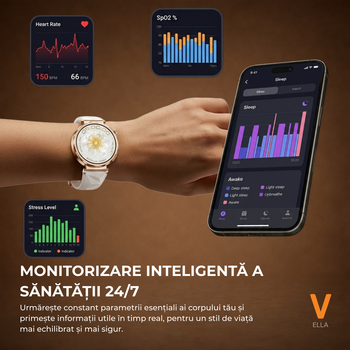 Ceas Smartwatch Dama ELLA Vivendo®, Ecran AMOLED 1.32", Fitness, Apel Bluetooth, Notificari Limba Romana, Asistent Vocal & ChatGPT AI, Incarcare Wireless, Rezistent Apa IP68, 2 Curele Incluse