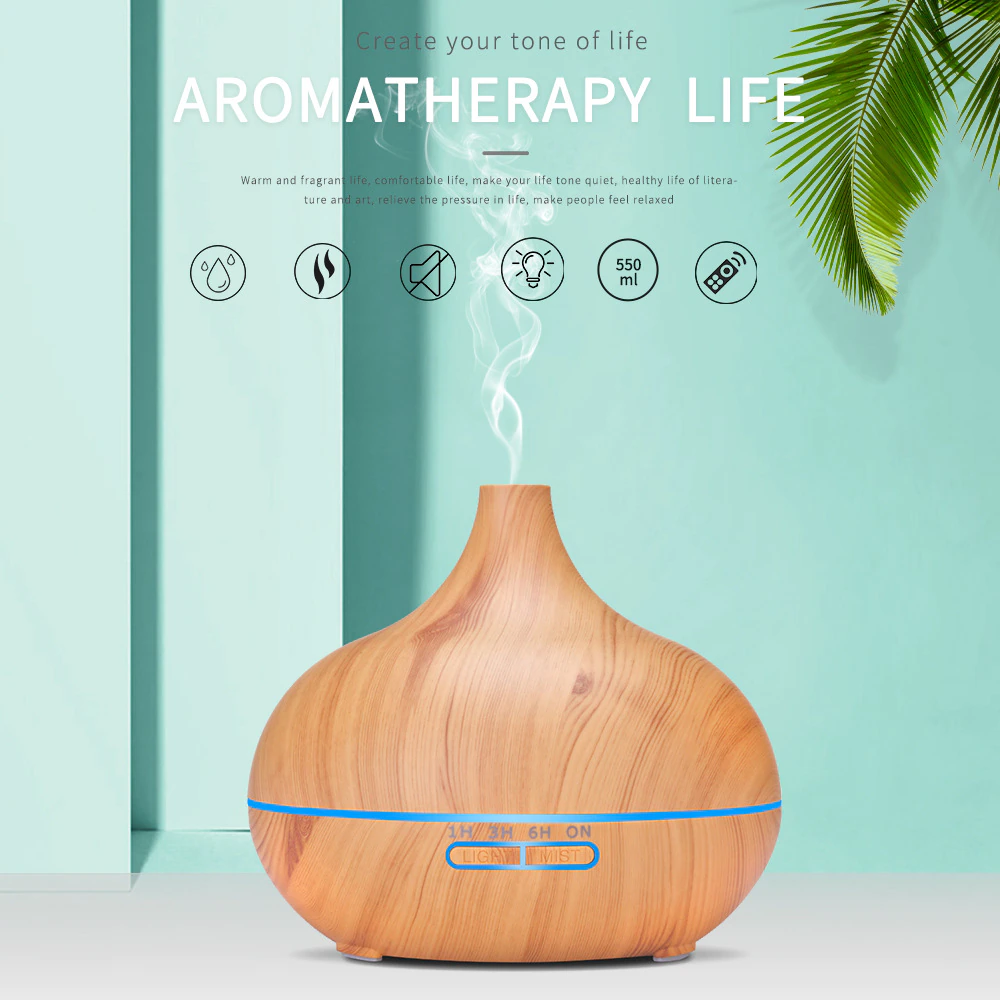 RESIGILAT - Umidificator/Difuzor aromatizator ultrasunete Fresh Air, lemn natur, 7 culori programabil, oprire automata