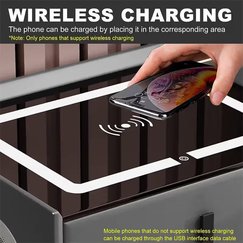 Noptiera Smart Multifunctionala, iluminare LED tactil cu 3 culori, incarcare wireless si USB, difuzor Bluetooth, 2 sertare