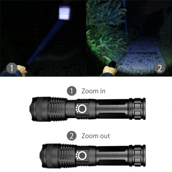 Lanterna LED Ultra-Bright, 20w din aluminiu, sursa XHP50/70/WHITE LASER, profesionala, focus ajustabil, acumulator 8800 mah inclus, rezistenta la apa, incarcare USB, 3000 lumeni