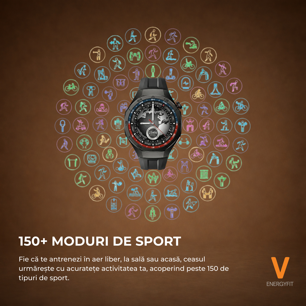 RESIGILAT - Ceas Smartwatch ENERGYFIT, Ecran AMOLED 1.43", Apel Bluetooth, ChatGPT AI, Notificari Romana, Fitness, Sport, Rezistent Apa 5ATM, Incarcare Wireless, 2 Curele, Negru
