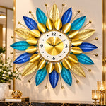Ceas de Perete Premium Decorativ cu Frunze Aurii, Albastre și Turcoaz – Diametru 60 cm