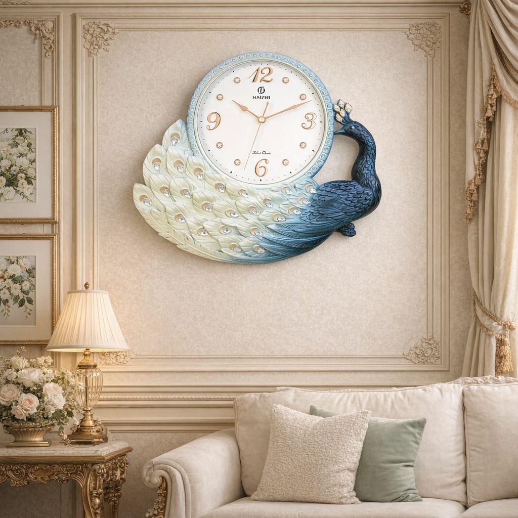 Ceas de perete decorativ cu paun  – design elegant – 44 x 39 cm