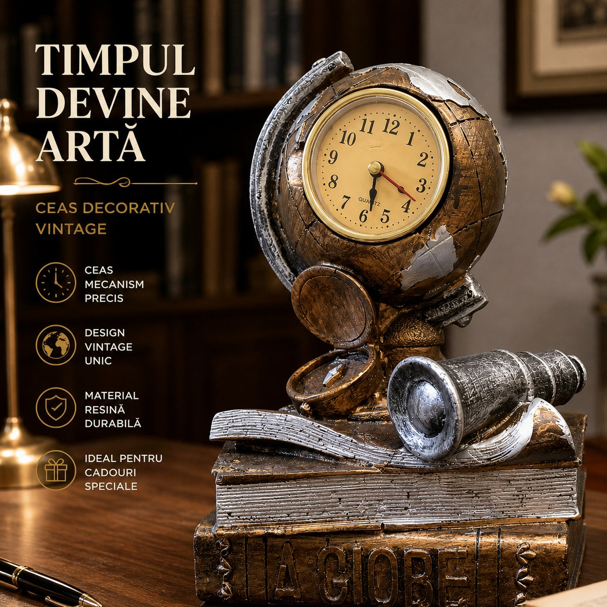 Ceas de masa Glob Pamantesc pe Carte Maro 25 cm Decorativ - imagine principala