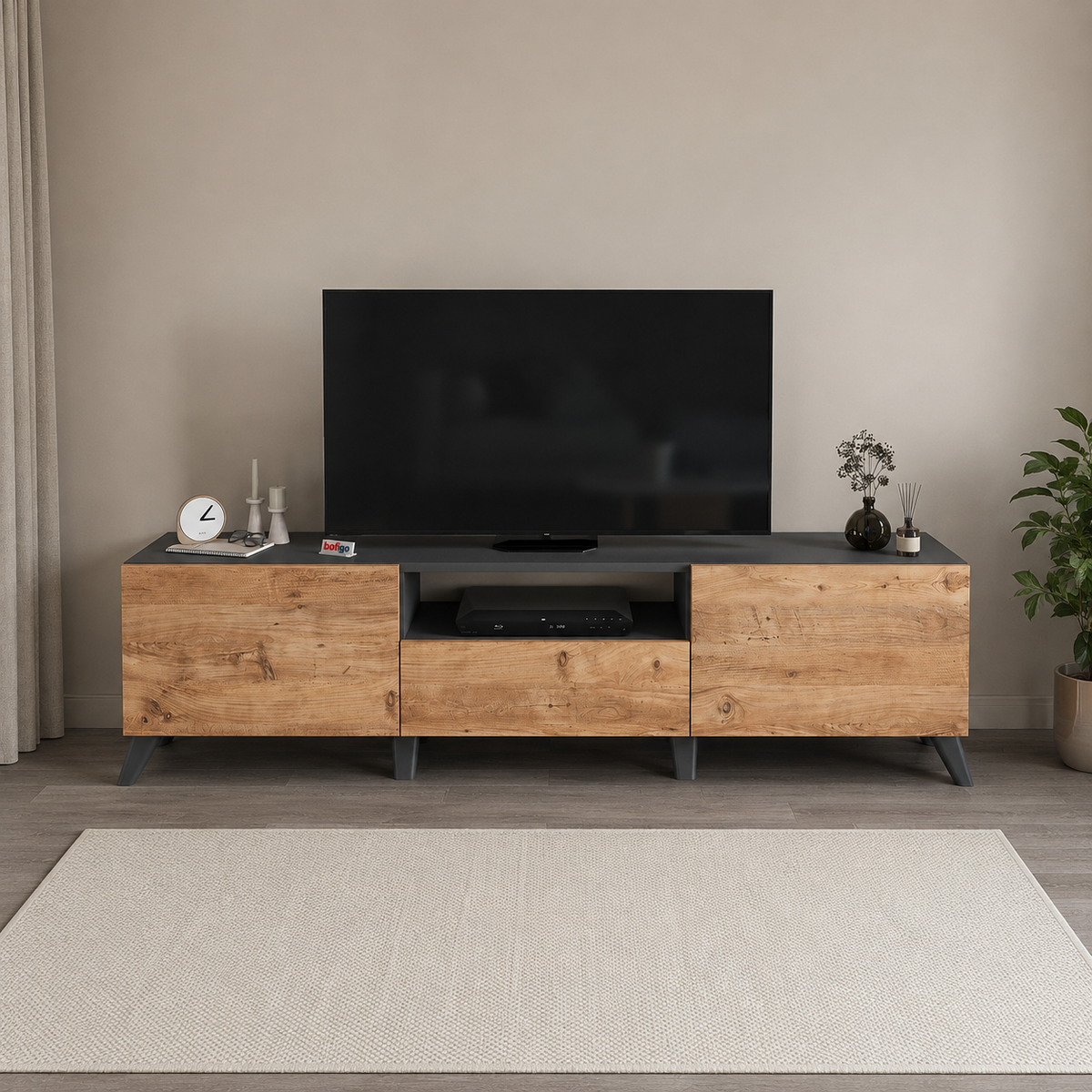Comoda TV living 60 x 31,8 x 44,8 cm cm,  2 usi rabatabile soft-close, PAL melaminat 18 mm clasa E1, stil scandinav