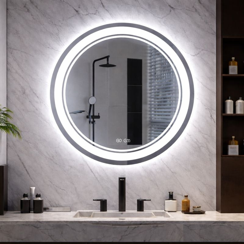 Oglinda baie LED rotunda 80 cm cu touch, dezaburire si iluminare