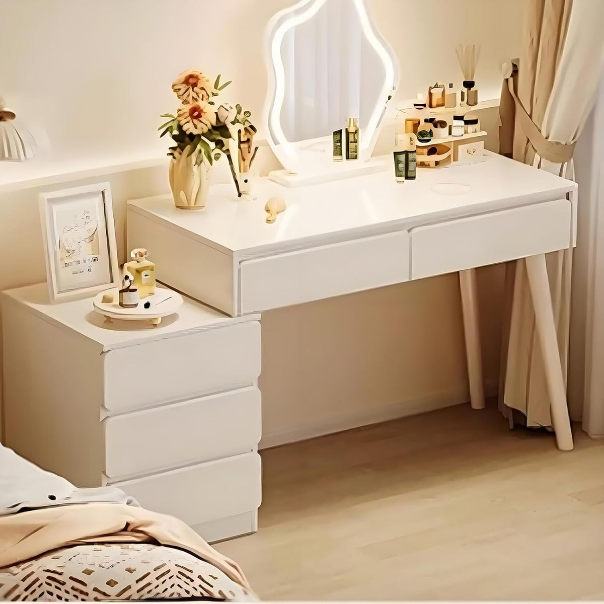 Comodă Dormitor Lemn Masiv 2 Sertare Alb Modern 100cm cu Oglindă Cosmetică - detaliu produs