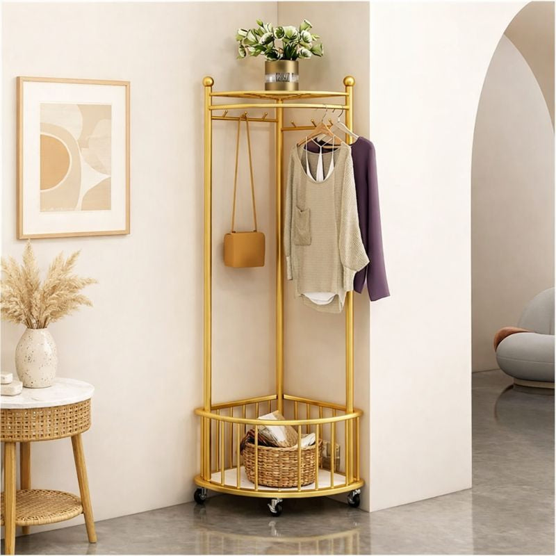 Cuier de colt multifunctional cu roti,metalic, auriu, 40 x 40 x 160 cm