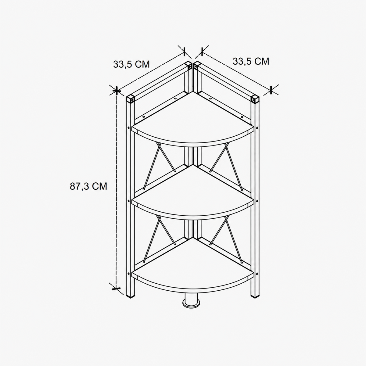 Etajera de colt din PAL si metal 33,5x33,5x87,3 cm, cu 3 rafturi, pentru living, baie sau birou