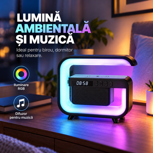Lampa Smart LED RGB, 5 in 1, boxa Bluetooth, FM, Aux, incarcare Wireless rapida, ceas cu alarma, functie de raspuns la telefon, Negru