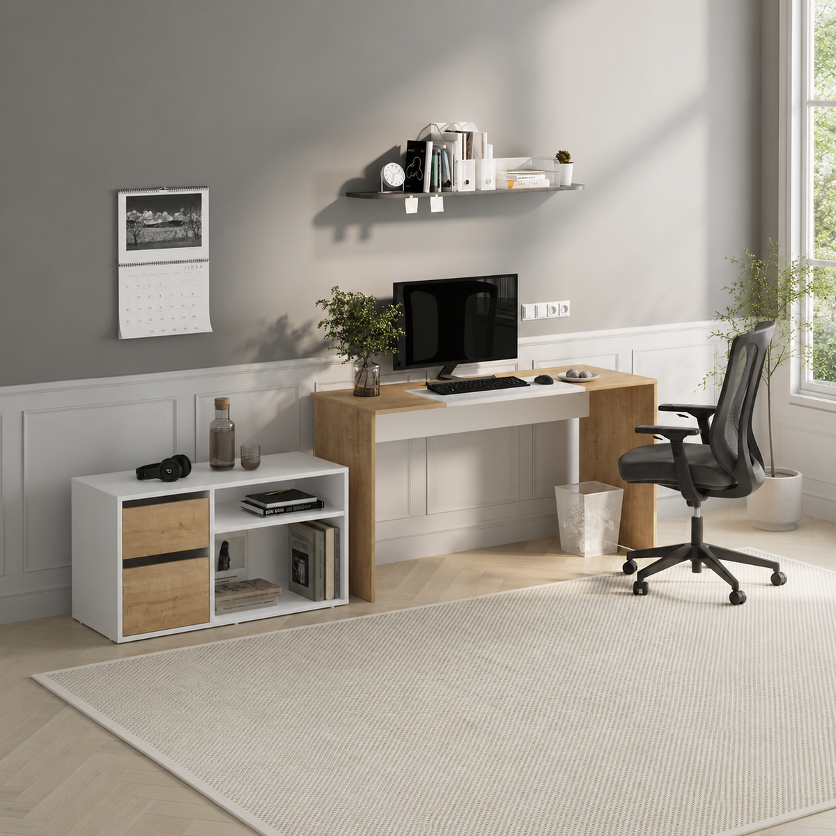 Birou modern 139x51x75 cm, cu corp de depozitare 92x40x53 cm, pentru birou, office sau home office