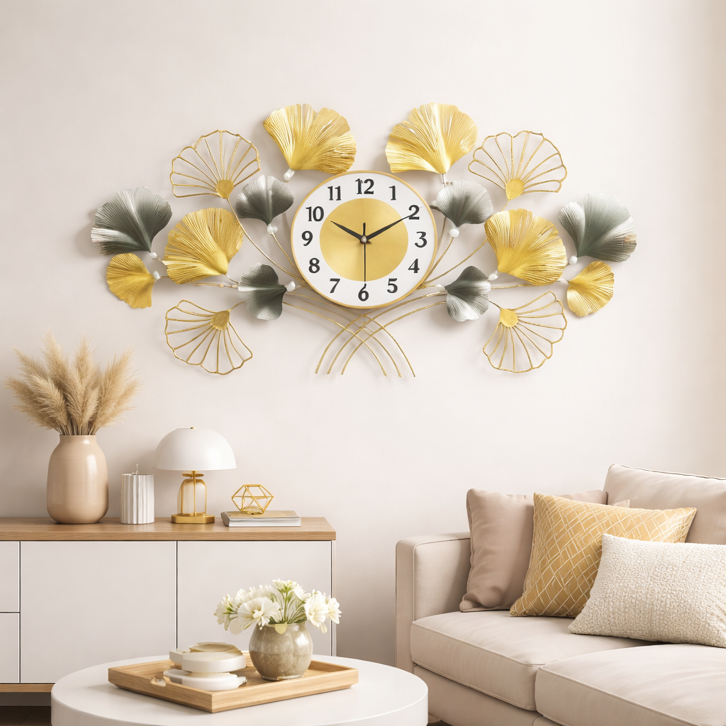 Ceas Decorativ de Perete, Design Floral Modern, Metal Auriu si Gri-Verzui, 90 x 45 cm