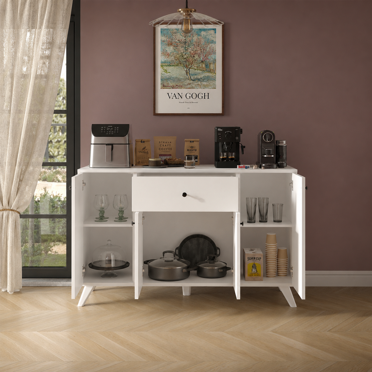 Dulap multifunctional 120x43,4x89 cm, cu 4 usi si sertare, pentru bucatarie, camara sau colt de cafea, alb