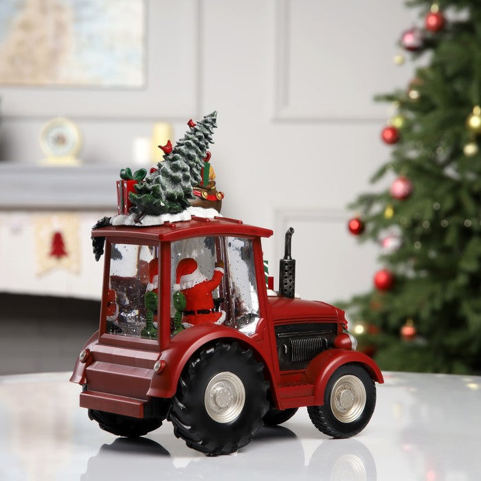 Decoratiune Craciun tip Tractor cu Mos Craciun, brad si cadouri, functie muzicala, zapada in miscare, 25 × 13 × 21 cm