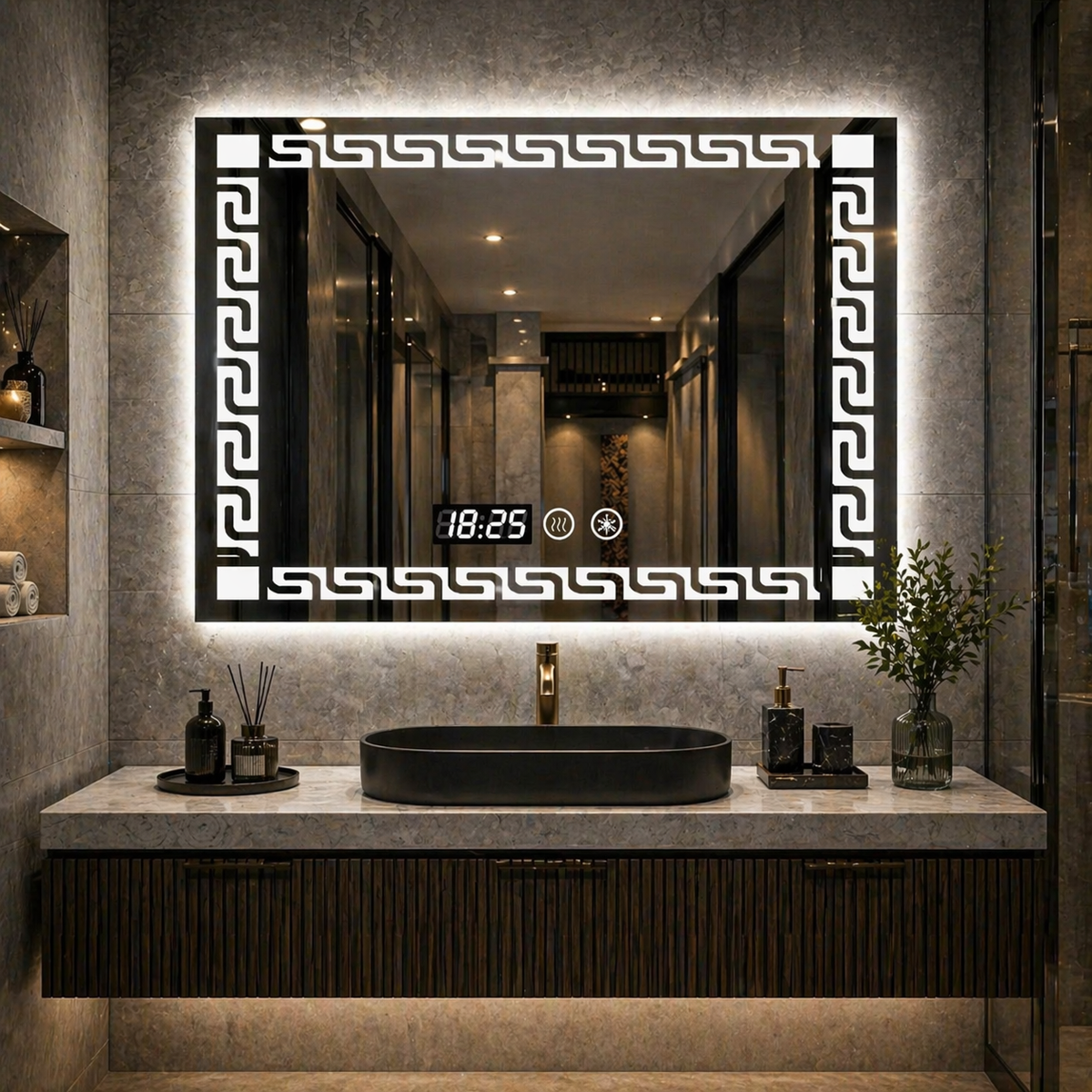 Oglinda LED Premium pentru Baie 80x60 cm Iluminare 3 Culori Ceas si Antiaburire