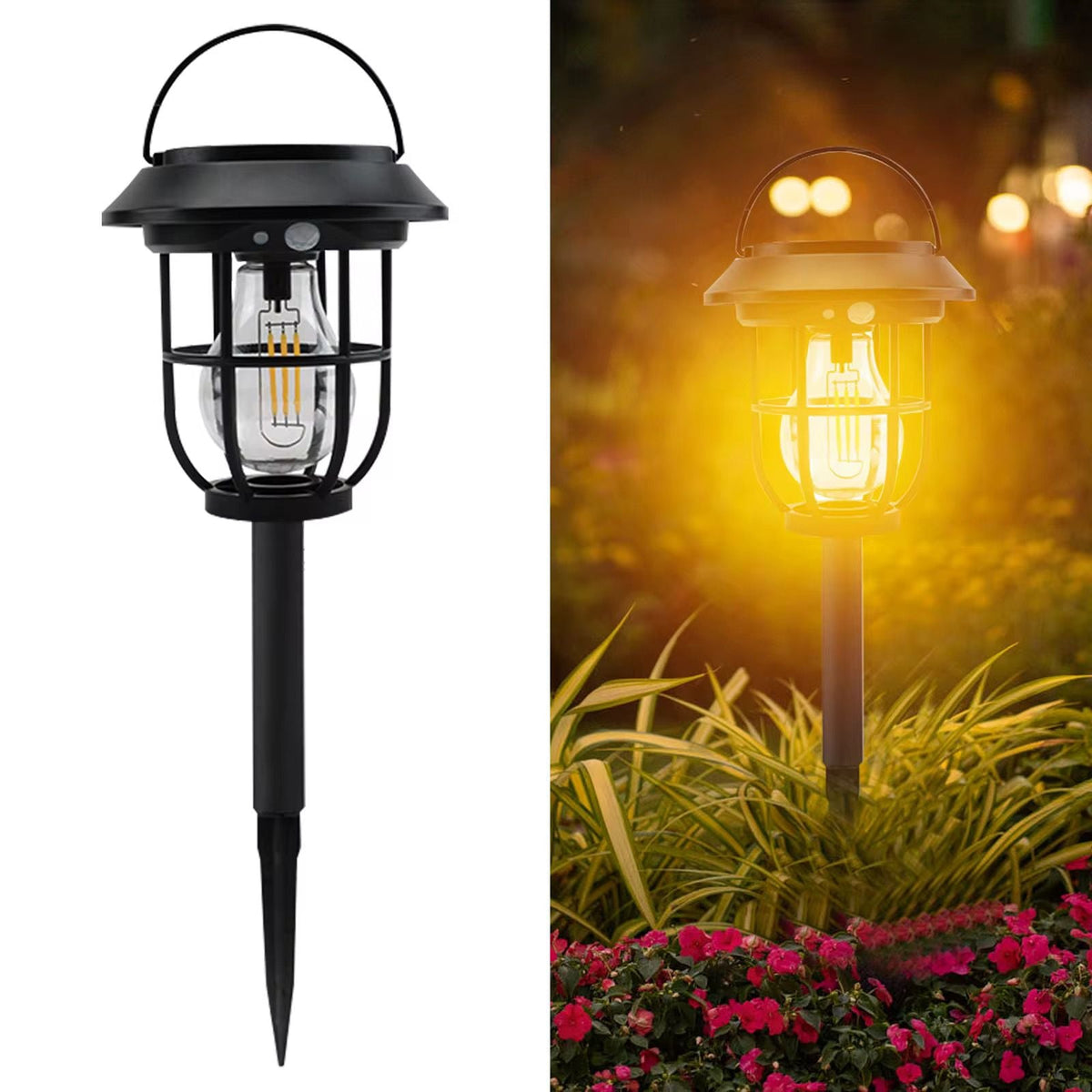 Lampa solara LED 3 in 1 pentru exterior, tip felinar, senzor lumina, iluminare decorativa gradina
