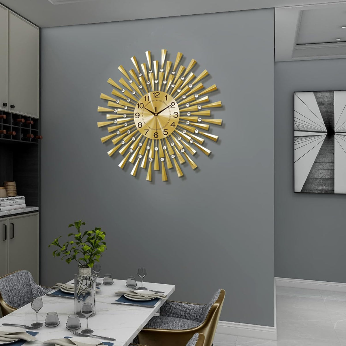 Ceas de perete modern, mare, pentru living, 60 cm, silentios, metalic, negru, cu mecanism quartz