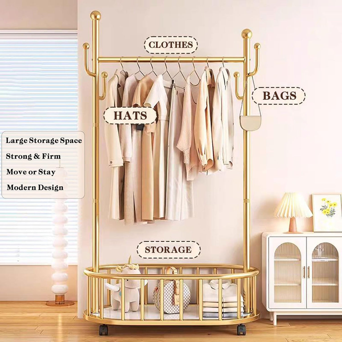 Suport haine metalic cu roti si cos de depozitare, finisaj auriu, 80x32x173 cm