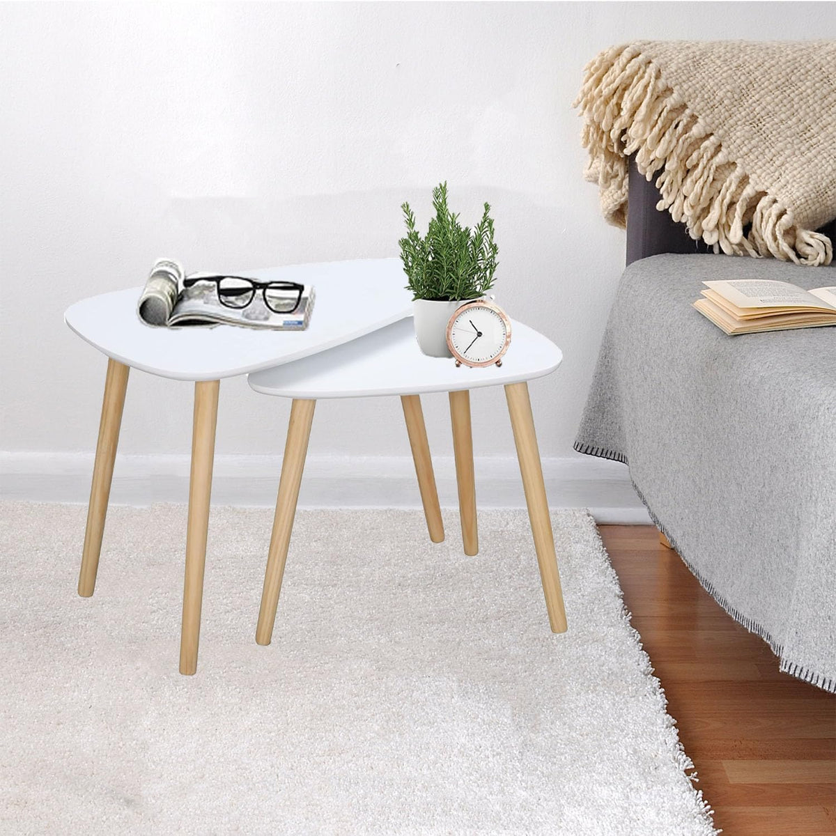 Set 2 masute de cafea stil nordic, design modern, MDF si lemn , alb si natural