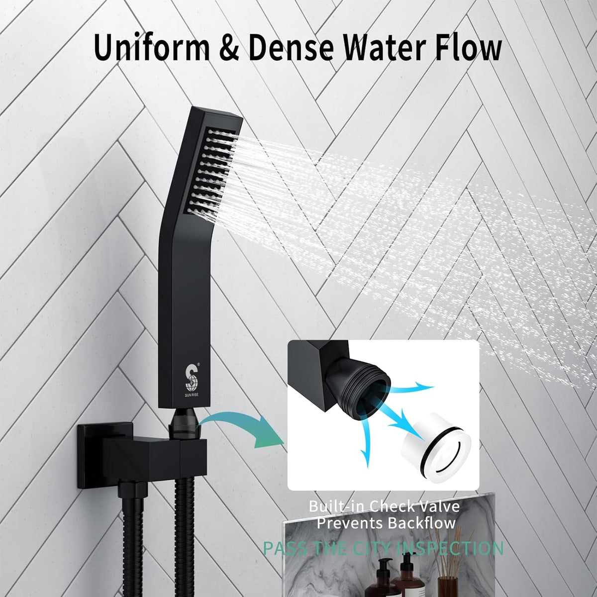 Set de dus incastrat cu para patrata de 25 cm, negru mat sau gri, cu 2 functii de curgere a apei