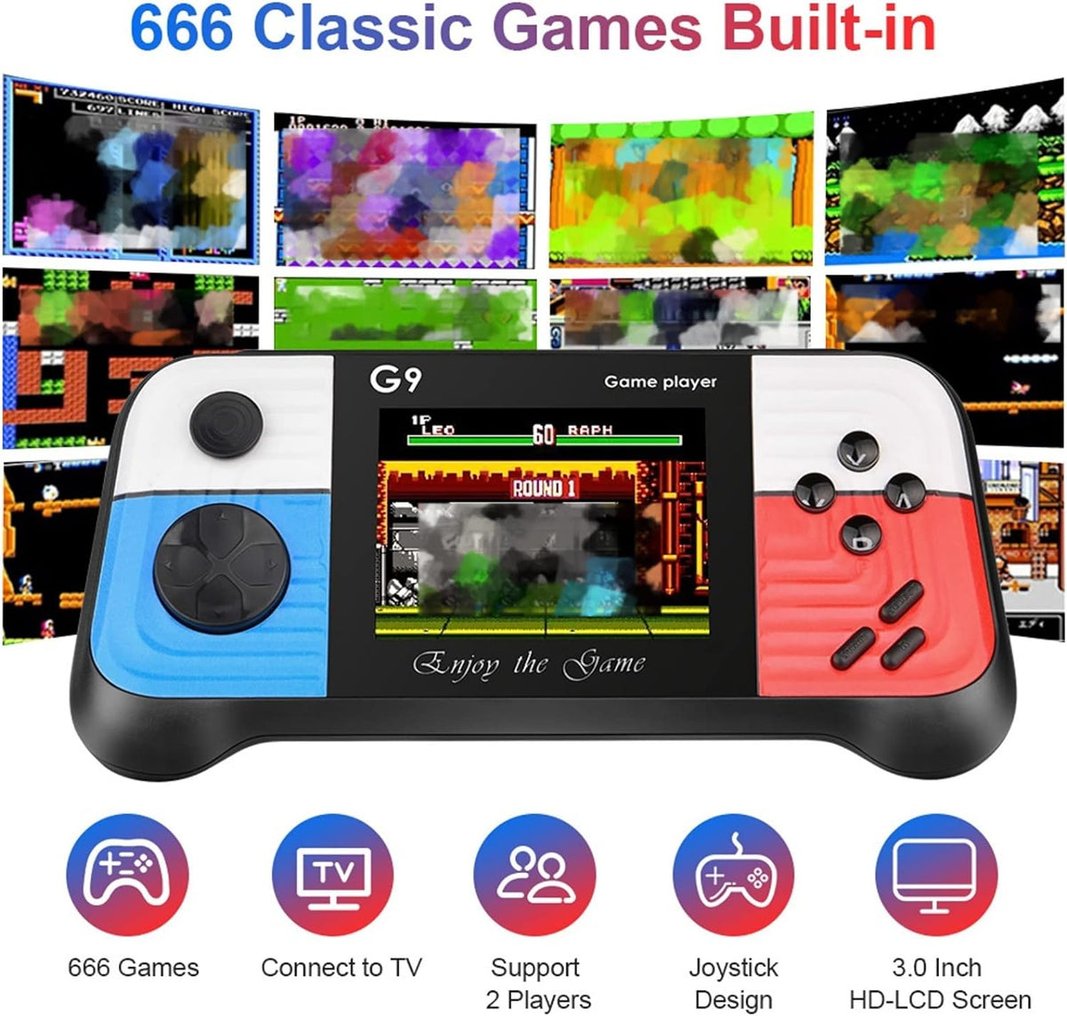 Consola de jocuri, portabila, cu 666 de jocuri, ecran HD de 3 &quot;0&quot;, conexiune TV, functia de vibratie a controlerului de joc, suport TV AV-out, din ABS, alb/albastru/rosu