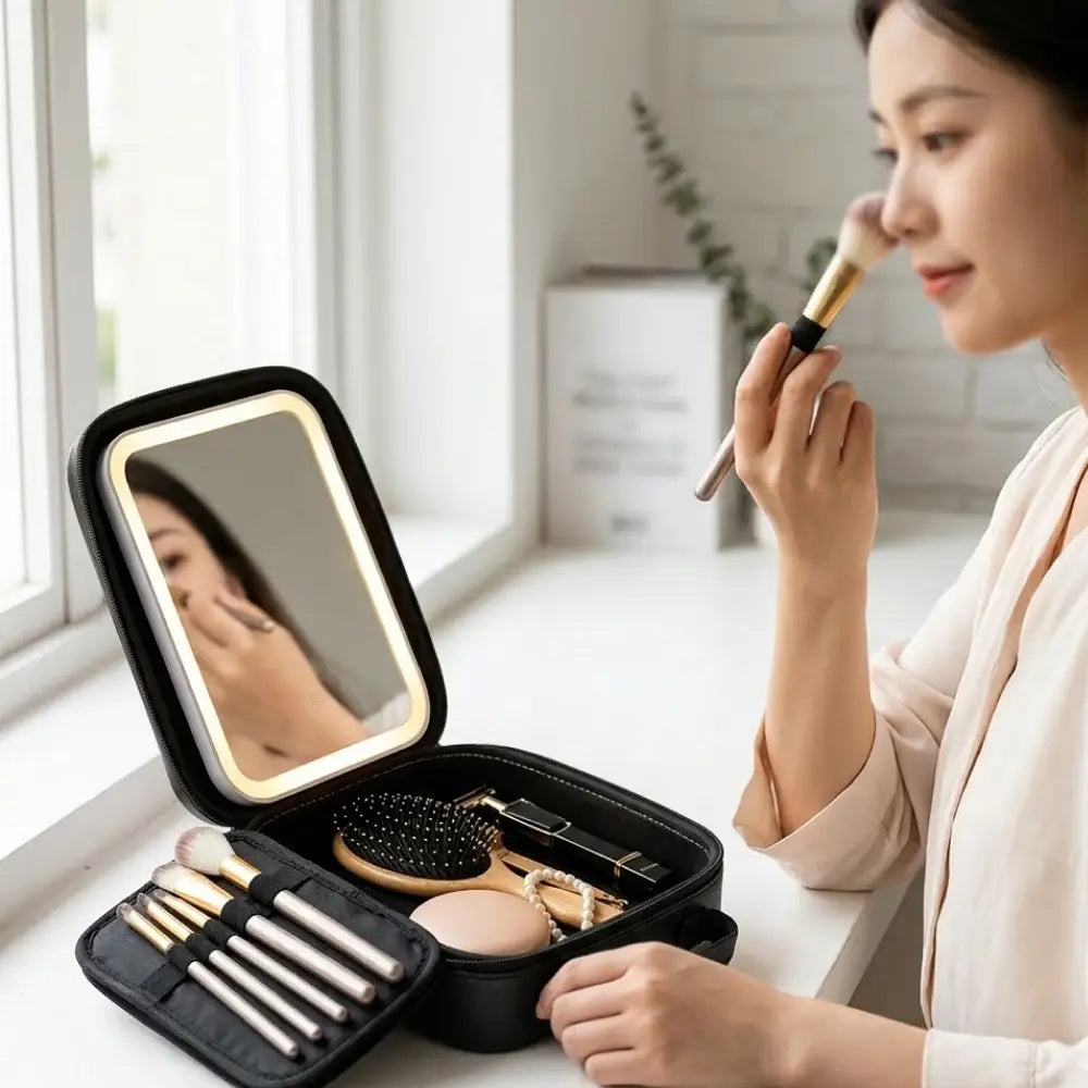 Geanta cosmetica cu oglinda LED, compacta pentru calatorii, 23x13x8 cm,