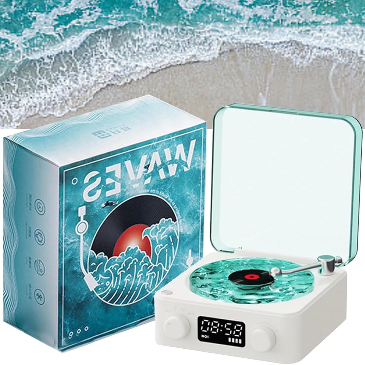 Boxa Portabila Vintage model Vinyl Timebox, cu Lumini, Proiectii de valuri si Timp Reglabil pentru Dormitor si Petreceri, Lampa de veghe tip proiector, AUX, Bluetooth, Card TF, Sunet Surround 360°, Alb