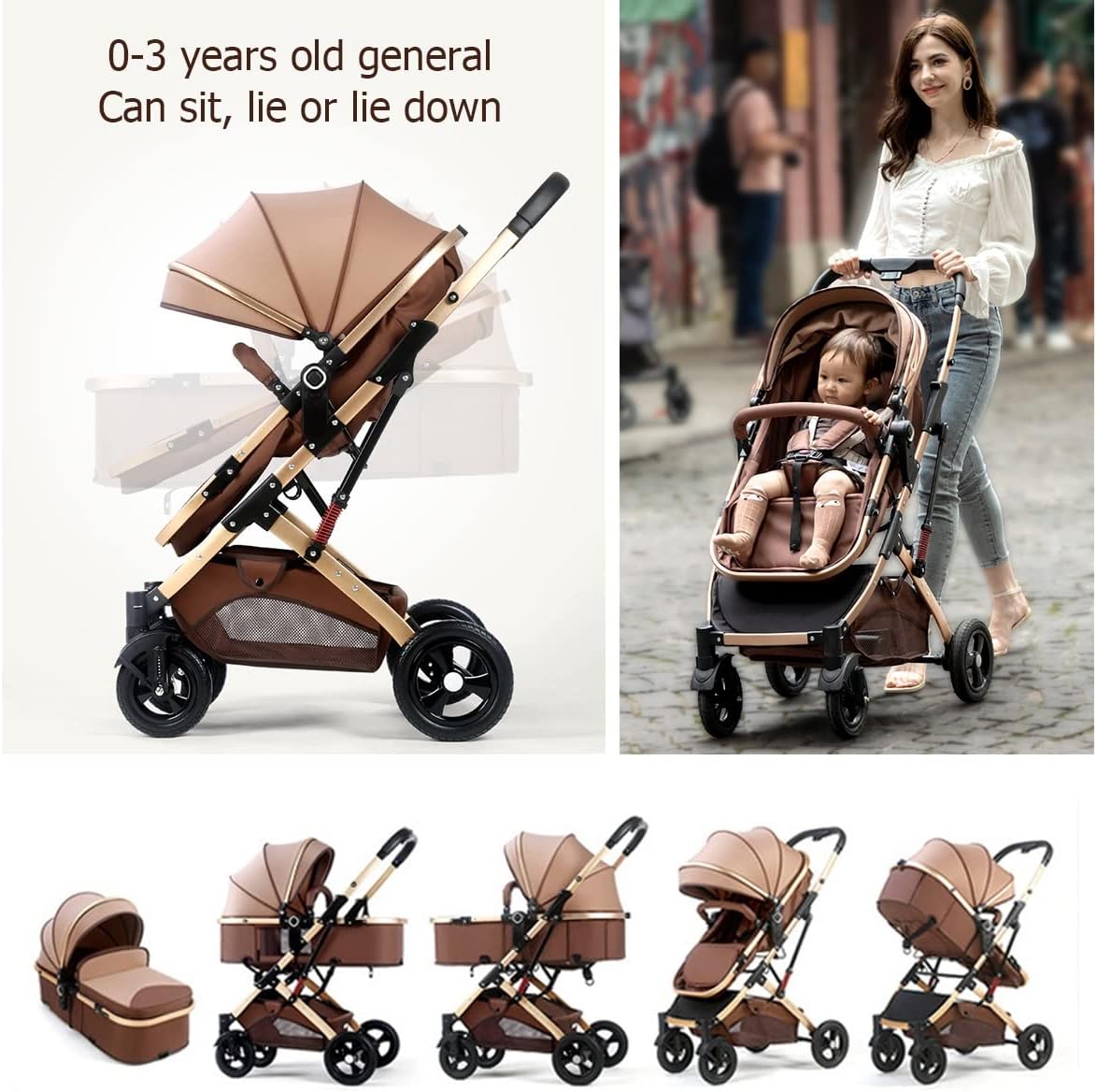 Carucior Bebelusi 2 in 1 Premium, Pliabil, cu Roti Cauciuc si Suspensii, Transformabil Landou-Sport, Cos Depozitare, 0-36 Luni