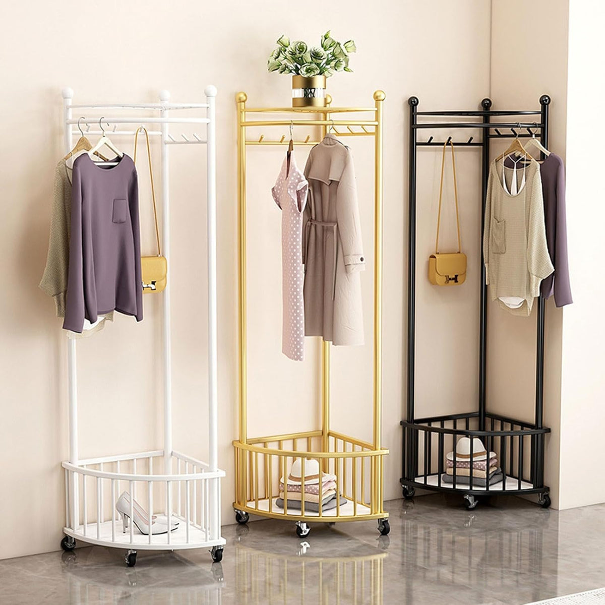 Cuier de colt multifunctional cu roti,metalic, auriu, 40 x 40 x 160 cm