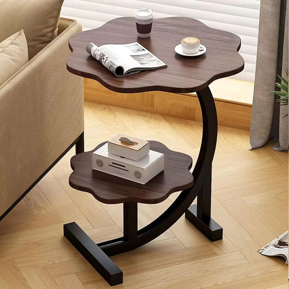Masuta laterala multifunctionala cu 2 nivele cu cadru metalic negru 40x40x65 cm