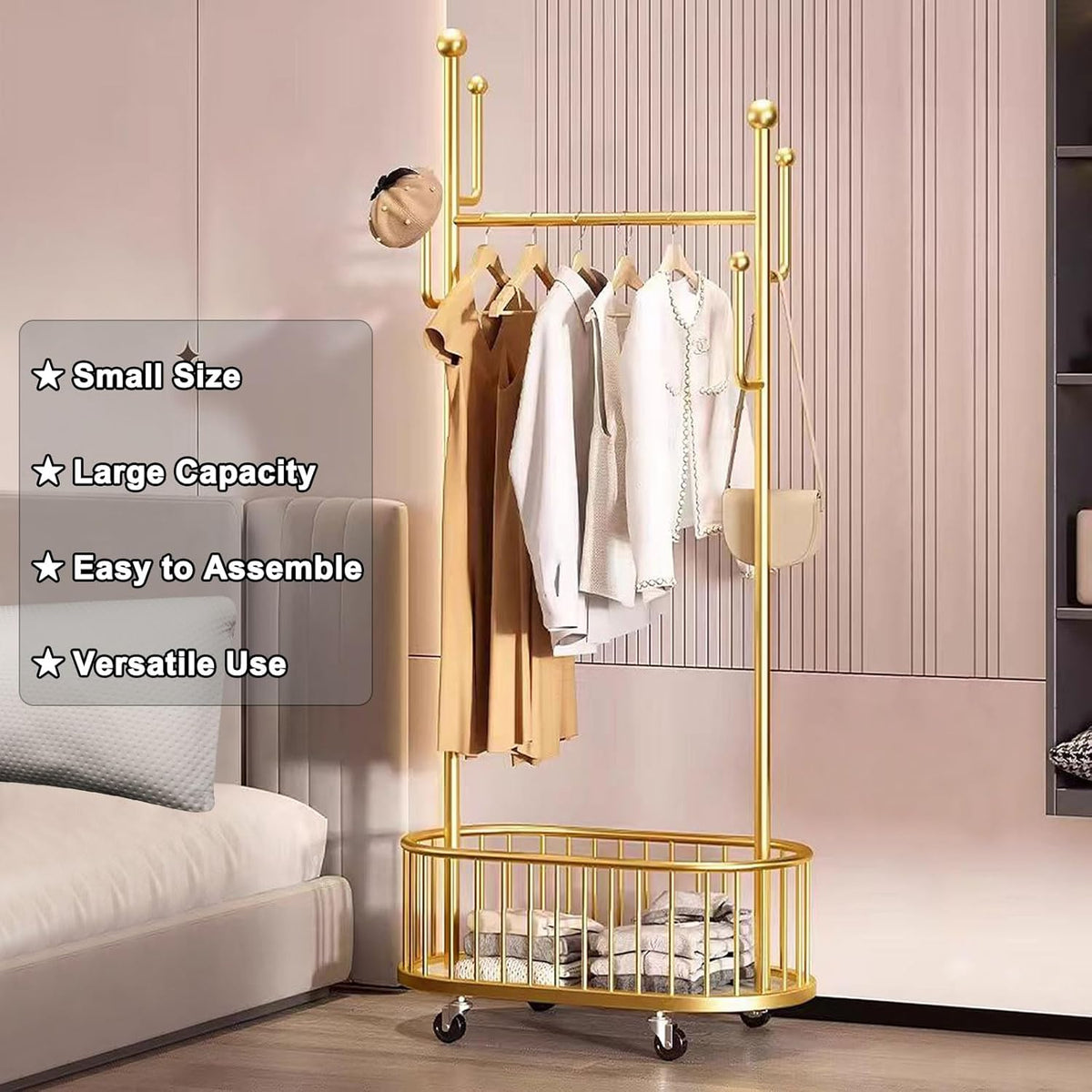 Suport haine metalic cu roti si cos de depozitare, finisaj auriu, 80x32x173 cm