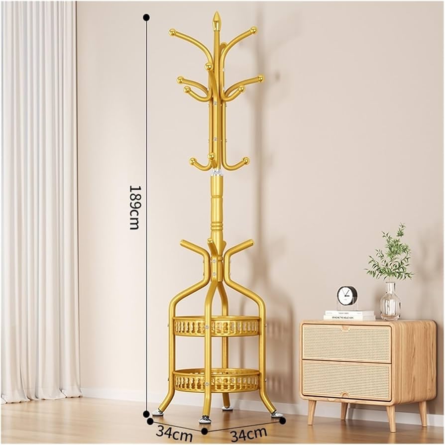 Cuier de podea metalic auriu, 34 x 189 cm, cu carlige multiple si 2 rafturi de depozitare, tip hall tree, pentru hol, dormitor sau birou