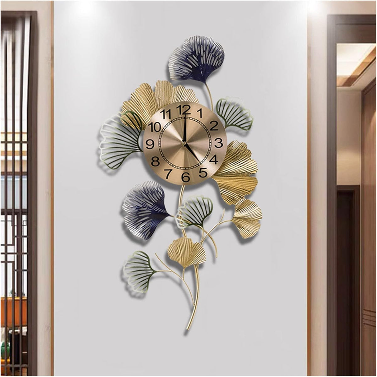 Ceas de perete decorativ 76 x 42 cm – design artistic cu frunze metalice, decor lux pentru living