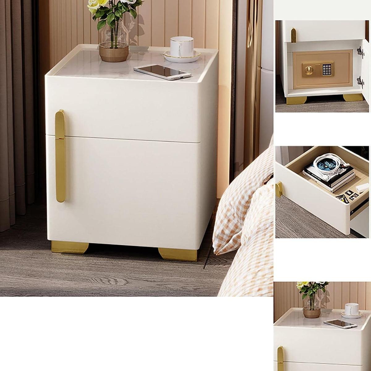 Noptiera cu statie de incarcare, seif ascuns si iluminare LED, Boxe incorporate, reglabila 3 culori pentru dormitor si living