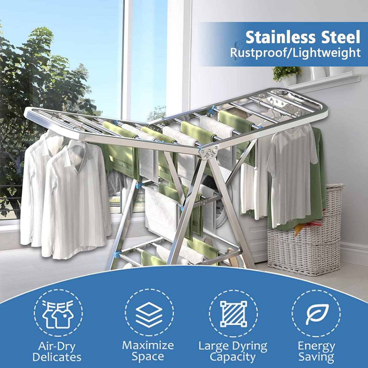 Uscator rufe pliabil metalic premium 150x90x46 cm – suport haine, dublu nivel, economisitor de spatiu