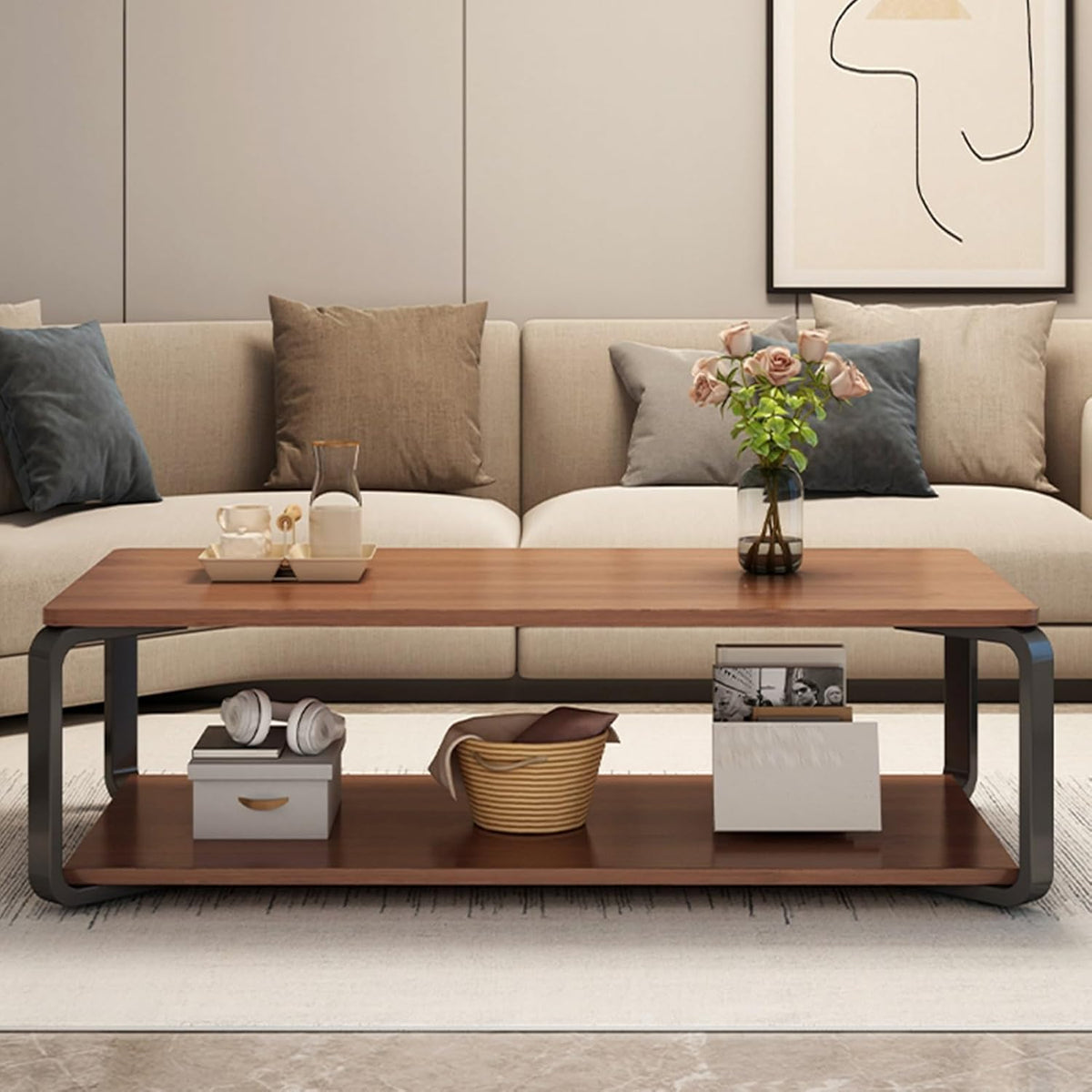 RESIGILAT - Masuta de cafea cu raft de depozitare, stil italian, 110x60x43cm, blat MDF si cadru metalic