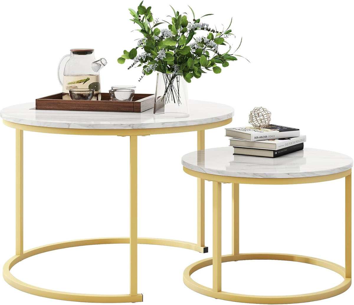 Set 2 masute rotunde de cafea cu efect de marmura, blat MDF, cadru metalic auriu