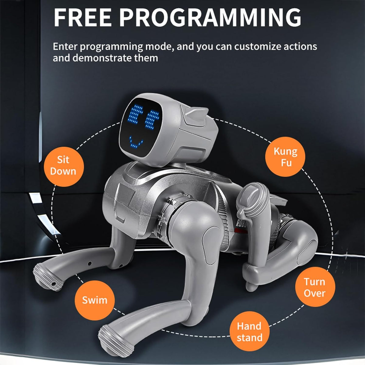 Catel robot inteligent, control telecomanda, aplicatie mobila, comenzi vocale, functii interactive, dans,