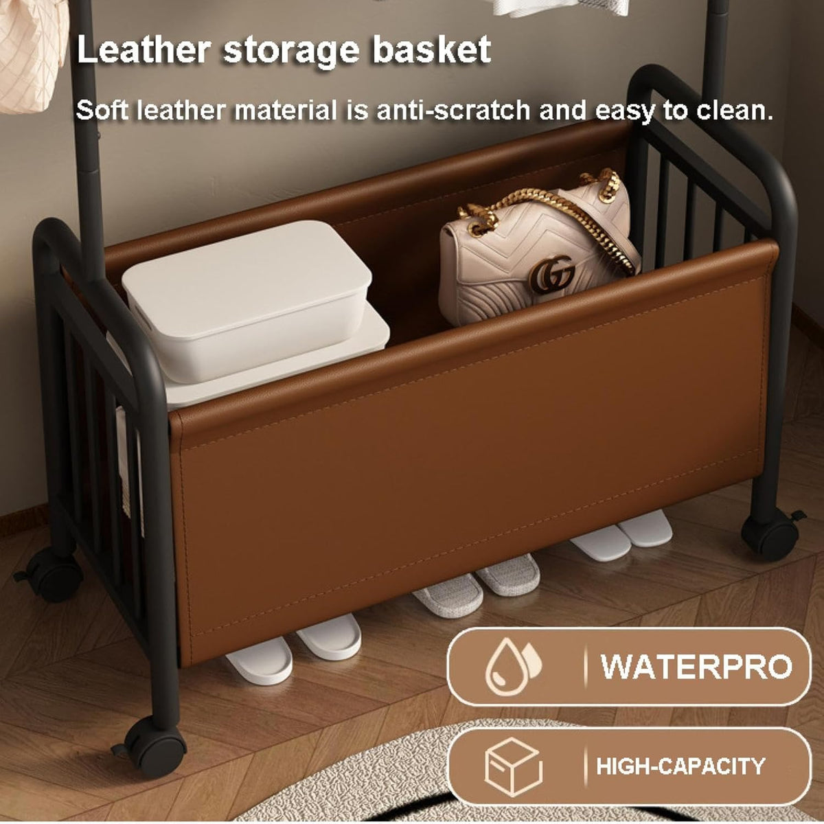 RESIGILAT - Suport portabil pentru umerase si haine, din otel carbon 7 carlige, 4 roti, si cos de depozitare, 168 x 80 x 37 cm