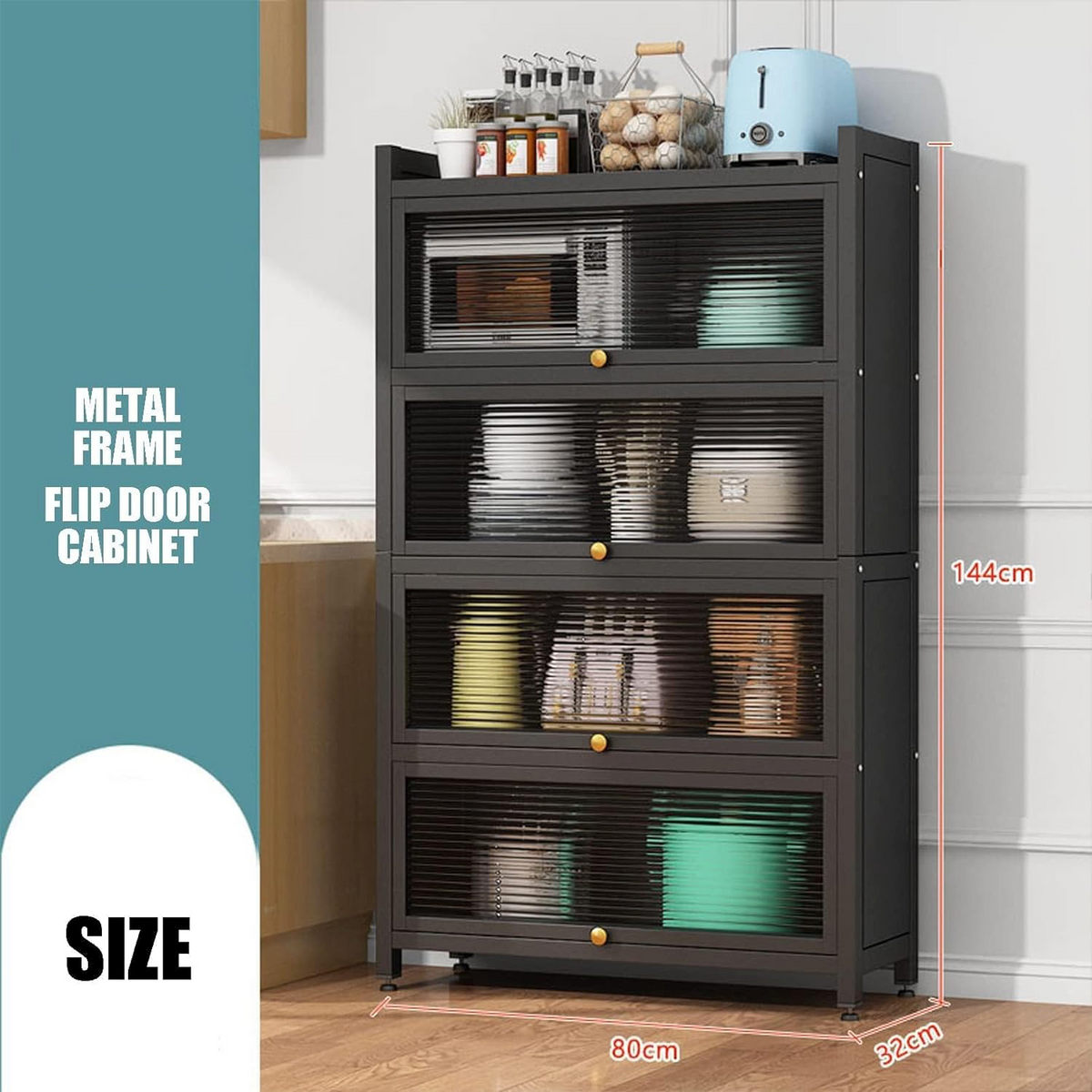 RESIGILAT - Dulap elegant pentru bucatarie, 4 rafturi, otel inoxidabil, usa cu geam cu deschidere verticala 80x32x144cm