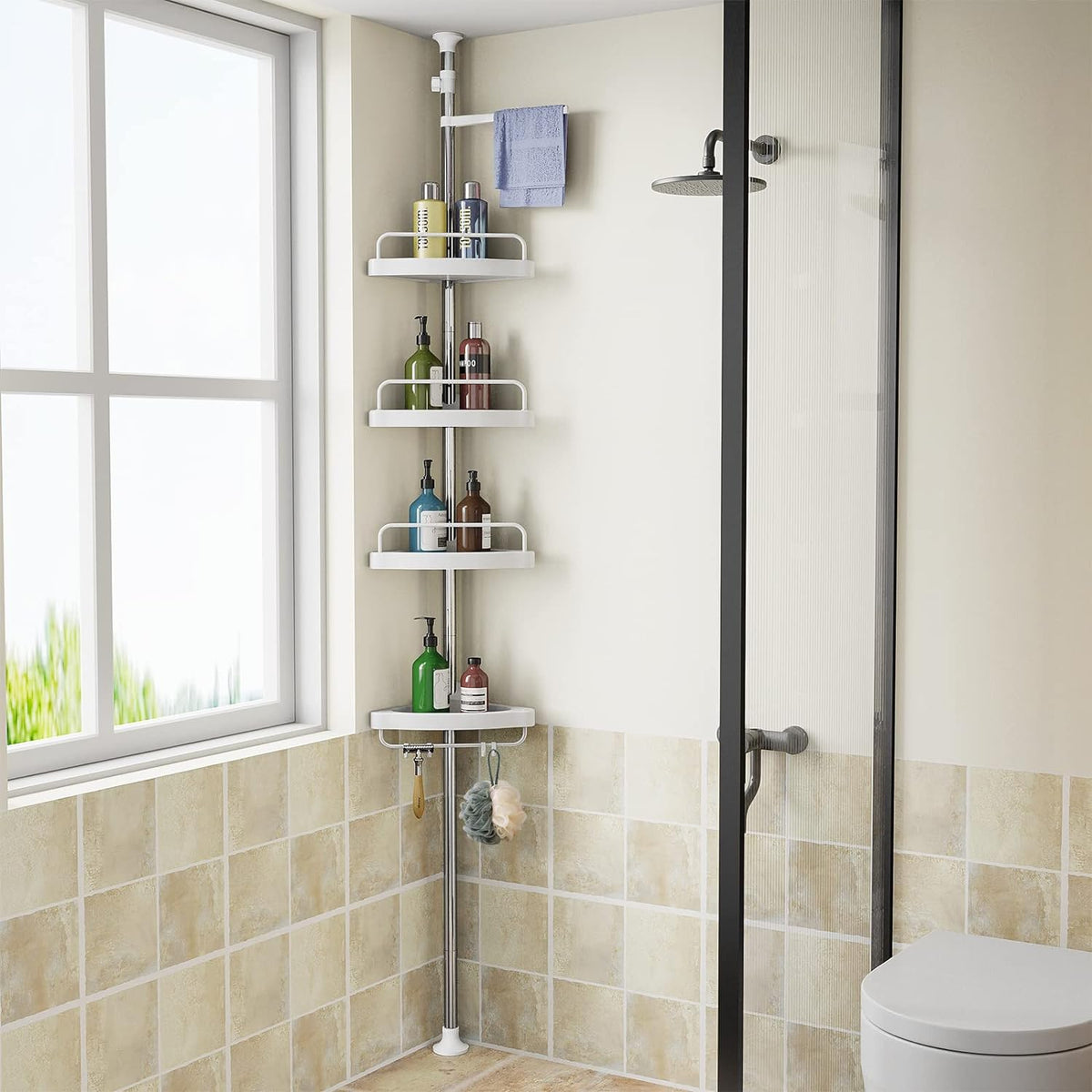 Etajera colt pentru baie si dus, 4 sau 5 rafturi, inaltime reglabila 320 cm, montare pe colt