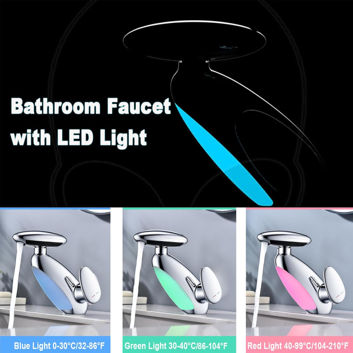 Baterie Chiuveta Baie Premium, 4 Tipuri de Jet, Cap Retractabil, Iluminare LED, Control Inteligent al Apei, Cartus Ceramic