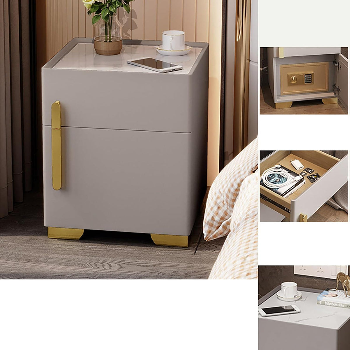 Noptiera cu statie de incarcare, seif ascuns si iluminare LED, Boxe incorporate, reglabila 3 culori pentru dormitor si living